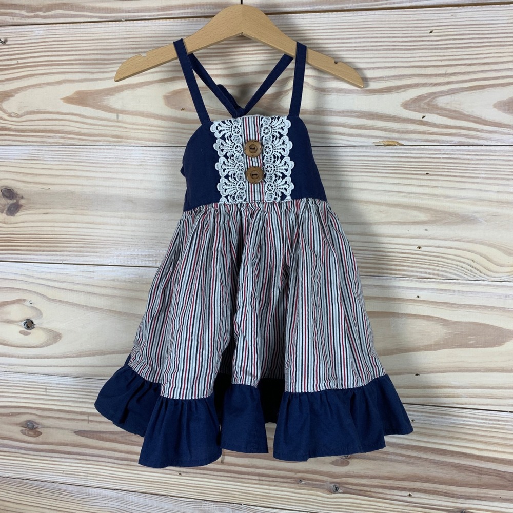 Kelly Lynn Boutique Dress Girls 18M-2T Navy Blue Striped Lace Ruffle Americana